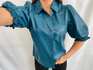 Teal Faux Leather Button Down