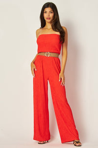 Red Ribbed Strapless Jumpsuit