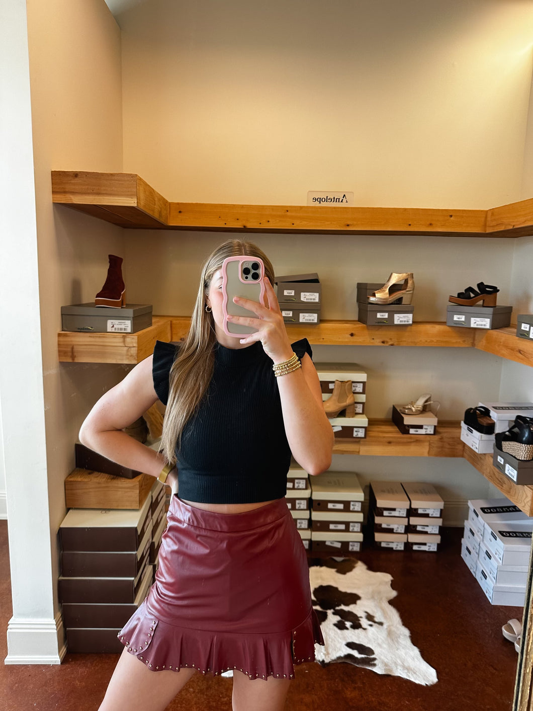 Maroon Ruffle Leather Skirt