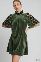 Load image into Gallery viewer, Green Velvet Dress with Statement Sleeves