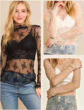 Load image into Gallery viewer, MESH LACE HIGH NECK DESIGN LONG SLEEVE FITTED TOP