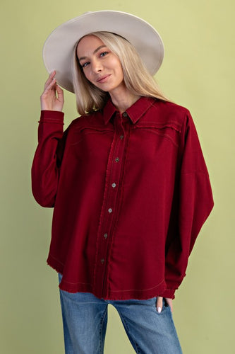 Burgundy Raw Hem Button Down Top