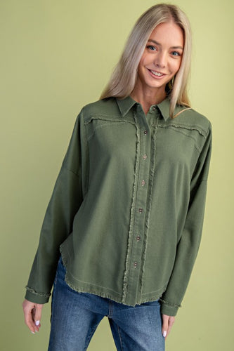 Olive Raw Hem Button Down Top
