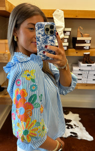 Blue Striped Embroidered Floral Top