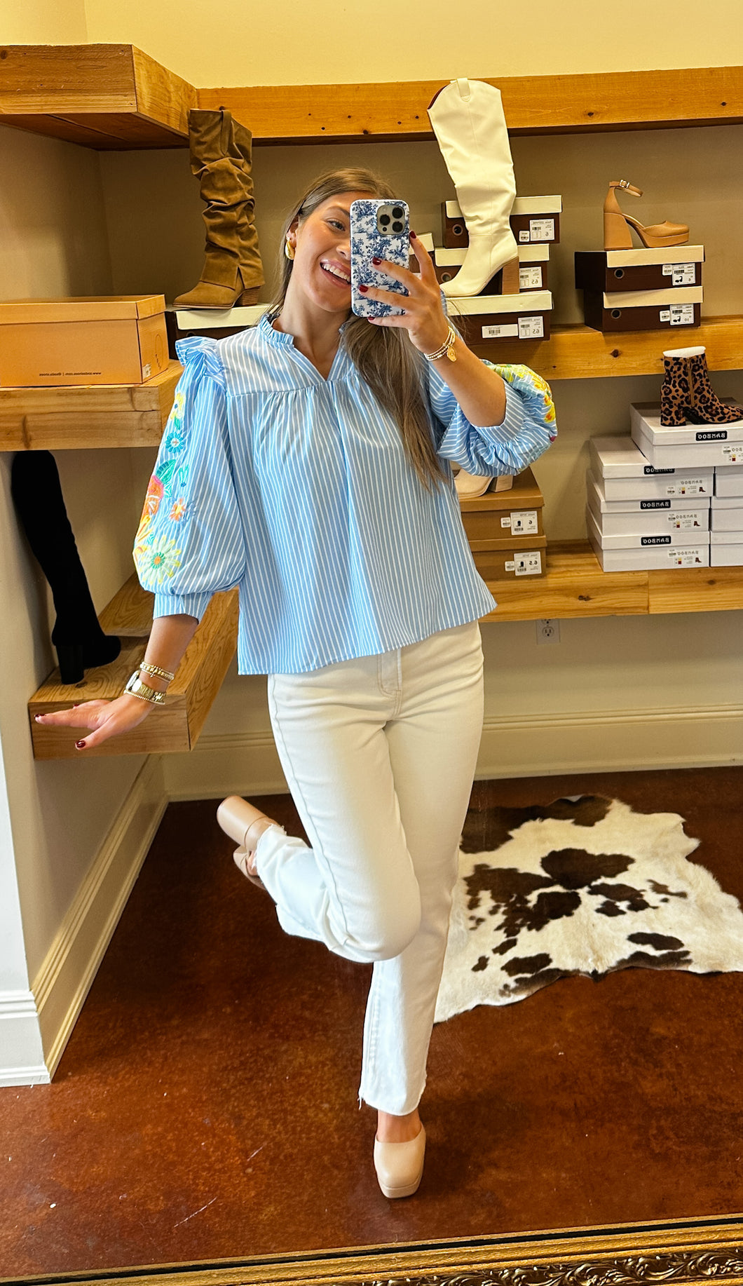 Blue Striped Embroidered Floral Top