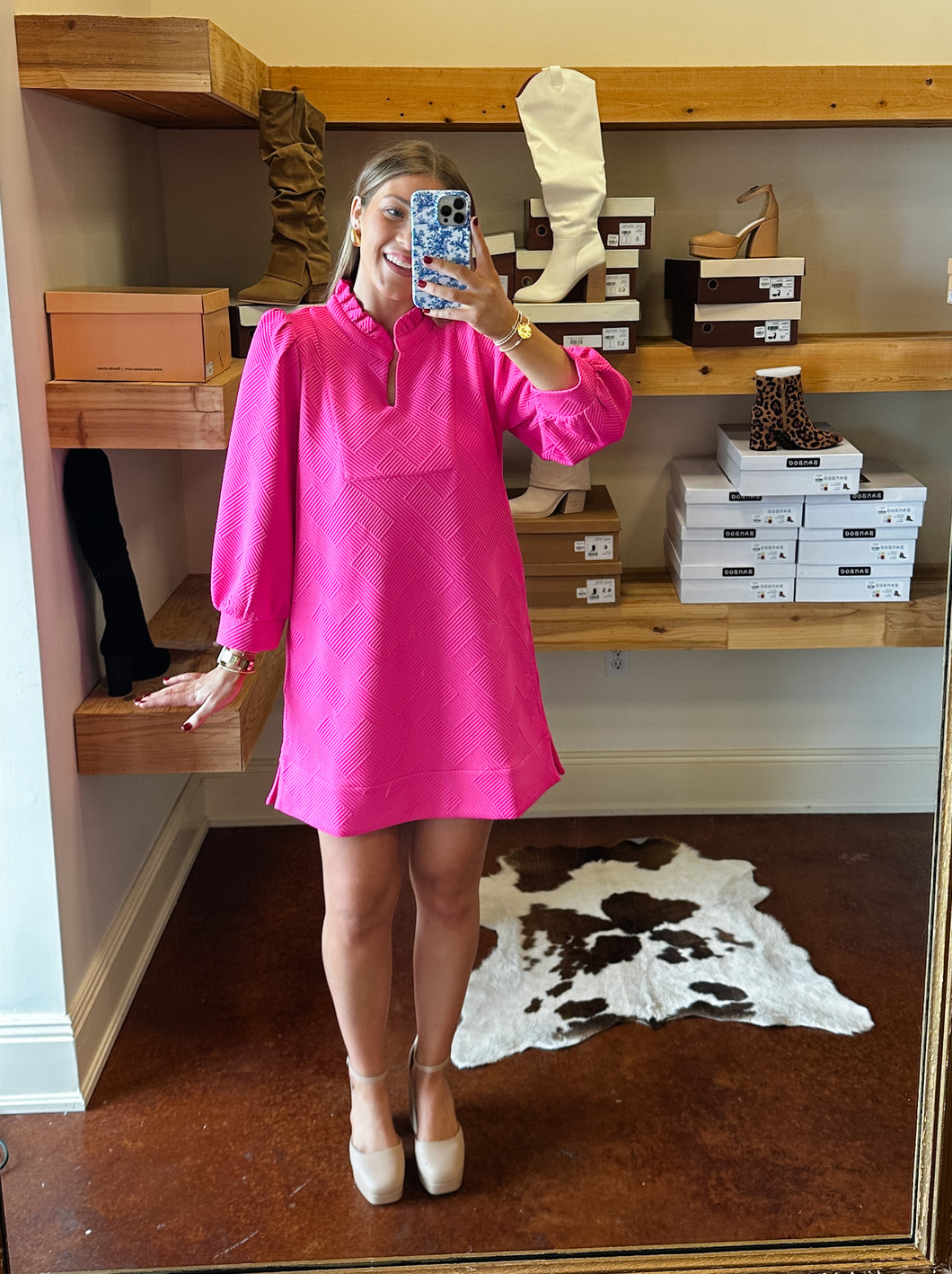 Hot Pink Textured Long Sleeve Dress