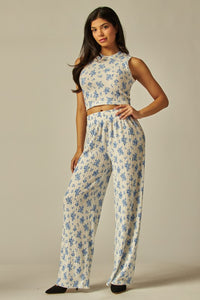 Blue Floral Crinkled Lounge Set