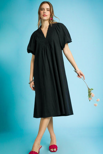 Black V-Neck Shift Midi Dress