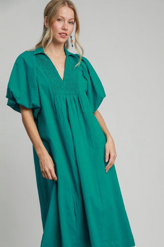 Teal V-Neck Shift Midi Dress
