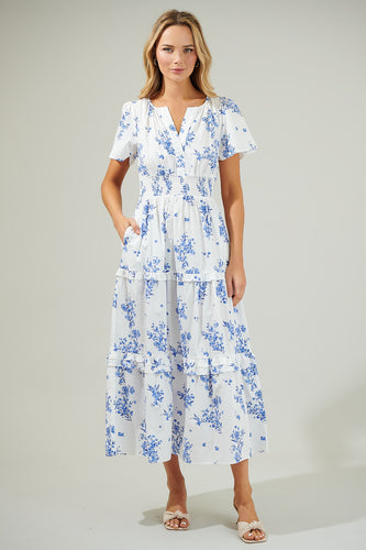 Blue and White Poplin Tiered Maxi Dress
