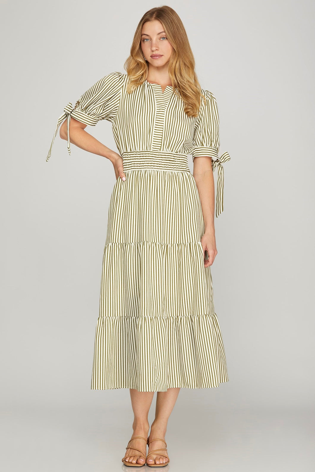 Olive Striped Midi Dress