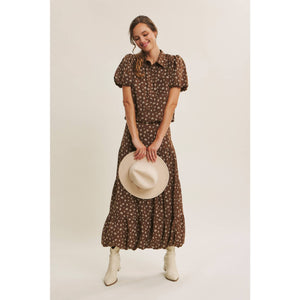 Brown Floral Bubble Midi Skirt