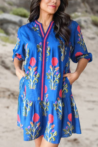 Blue Floral 3/4 Sleeve Mini Dress