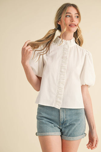 WHITE RUFFLE BUTTON DOWN TOP