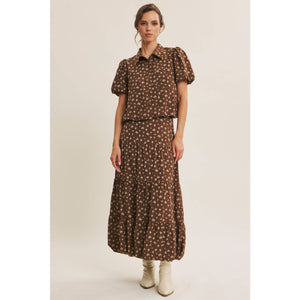 Brown Floral Bubble Midi Skirt