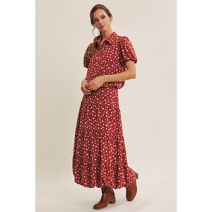 Brown Floral Bubble Midi Skirt