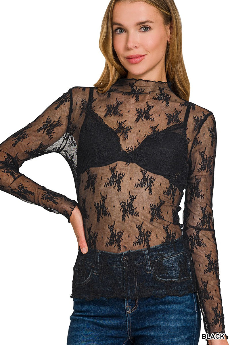 Mesh Lace Long-sleeve Top (Multiple Colors)
