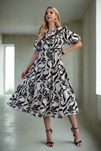 Black Print Tiered Midi Dress