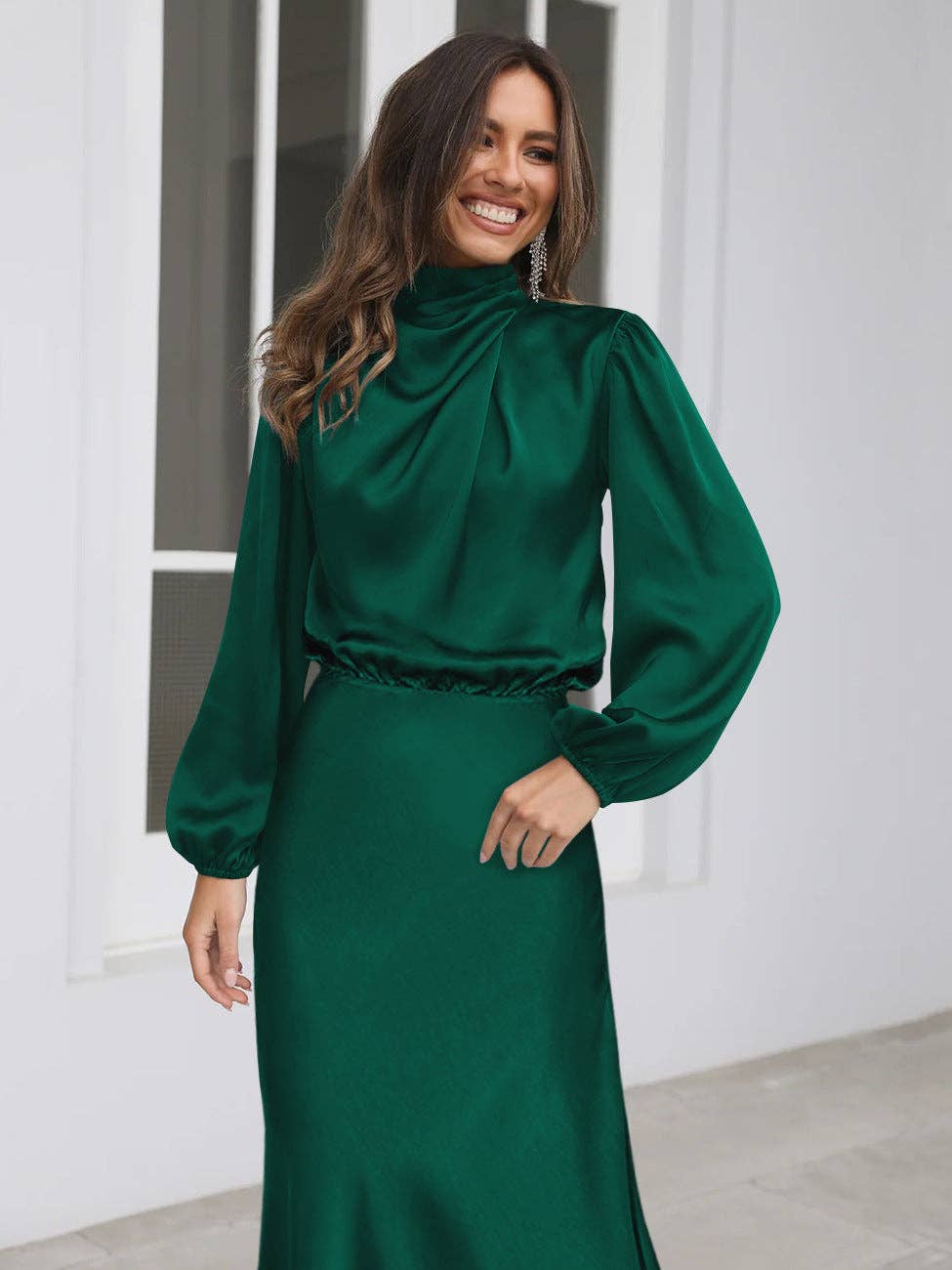 Emerald Green Long Sleeve Satin Dress