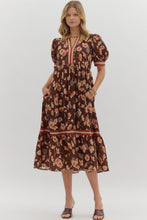 Load image into Gallery viewer, Brown Floral Tiered Midi Dress