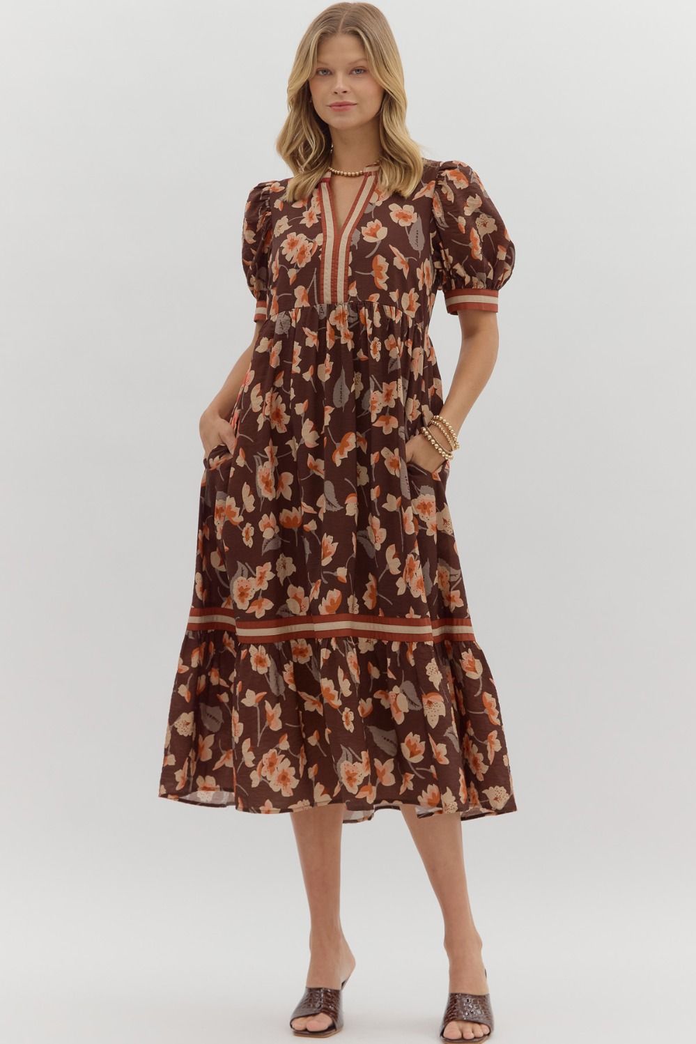 Brown Floral Tiered Midi Dress