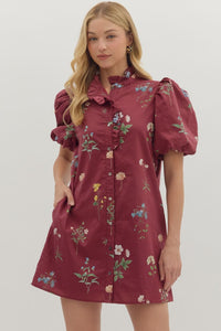 Burgundy Floral Print Mini Dress