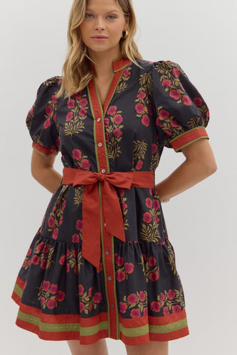 Black and Red Floral Puff Sleeve Mini Dress