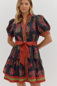 Black and Red Floral Puff Sleeve Mini Dress