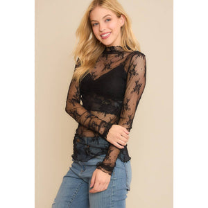 MESH LACE HIGH NECK DESIGN LONG SLEEVE FITTED TOP