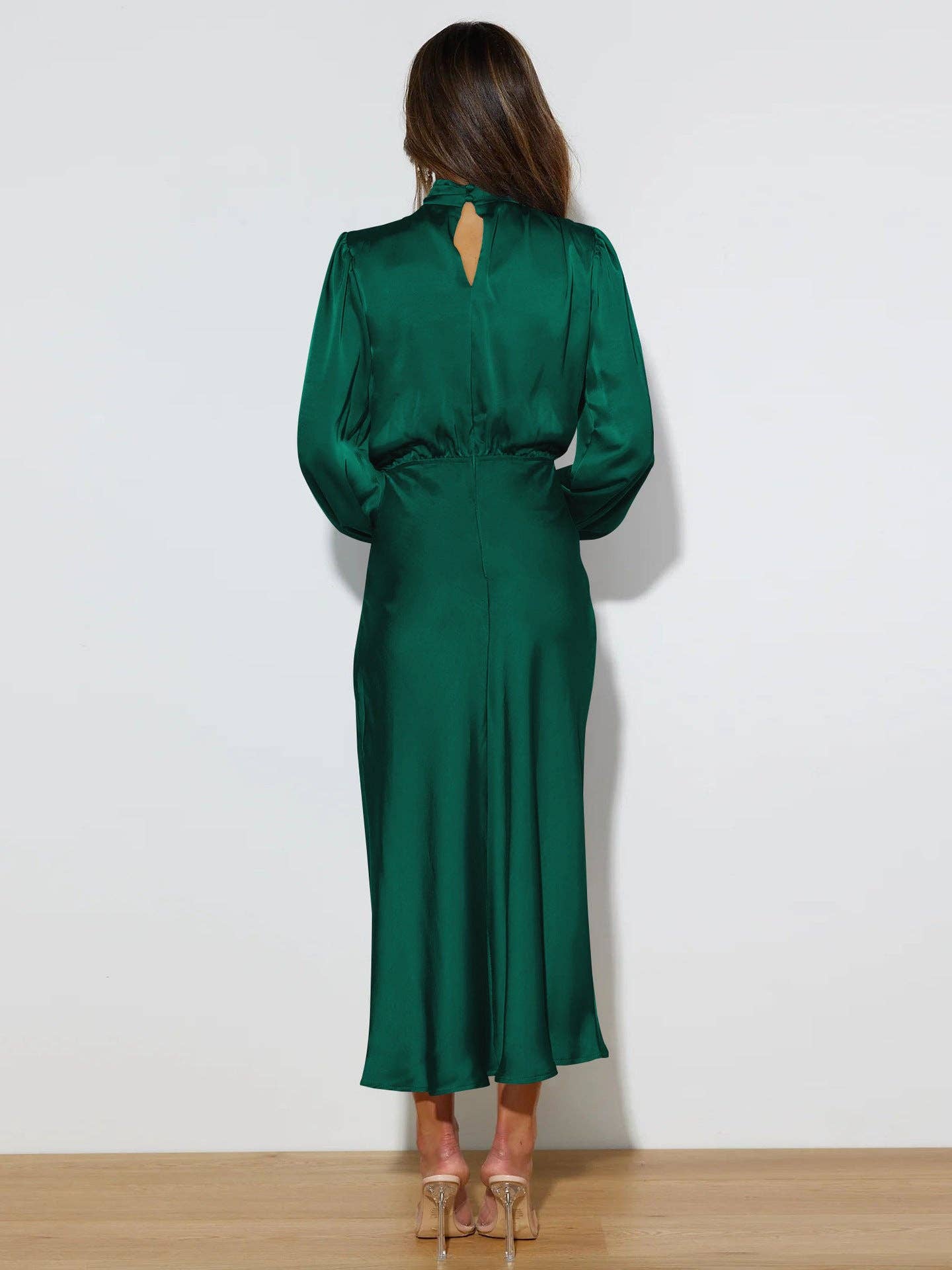 green emerald velvet dress Forest Green Satin Balloon Sleeve Tie Neck Sadie Midi Dress