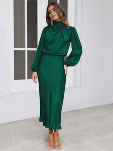 Emerald Green Long Sleeve Satin Dress