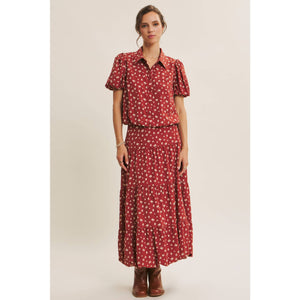 Brown Floral Bubble Midi Skirt