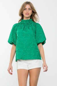 Green Jacquard Puff Sleeve Top