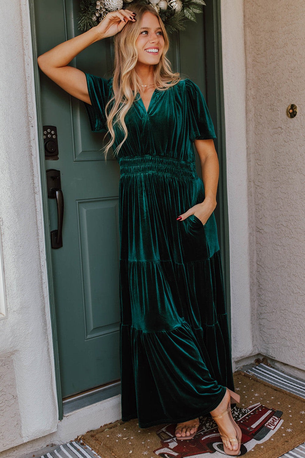 Green Velvet Tiered Maxi Dress