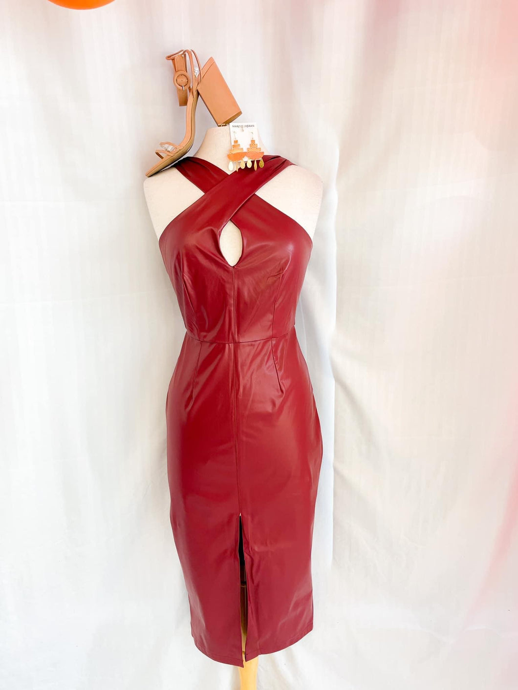 Red Leather Midi Dress