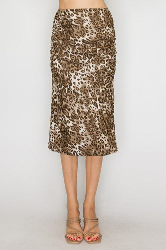 Leopard Ruched Midi Skirt