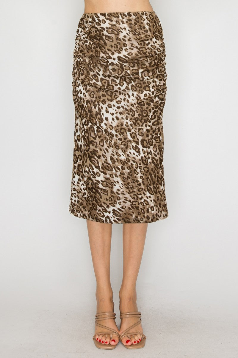 Leopard Ruched Midi Skirt