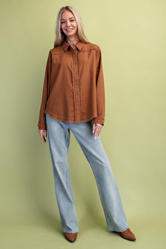 Camel Raw Hem Button Down Top