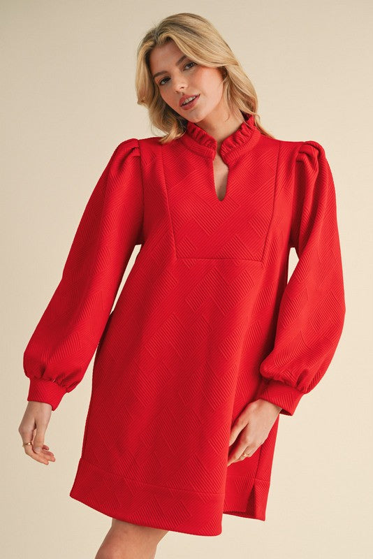 Red Textured Long Sleeve Dress