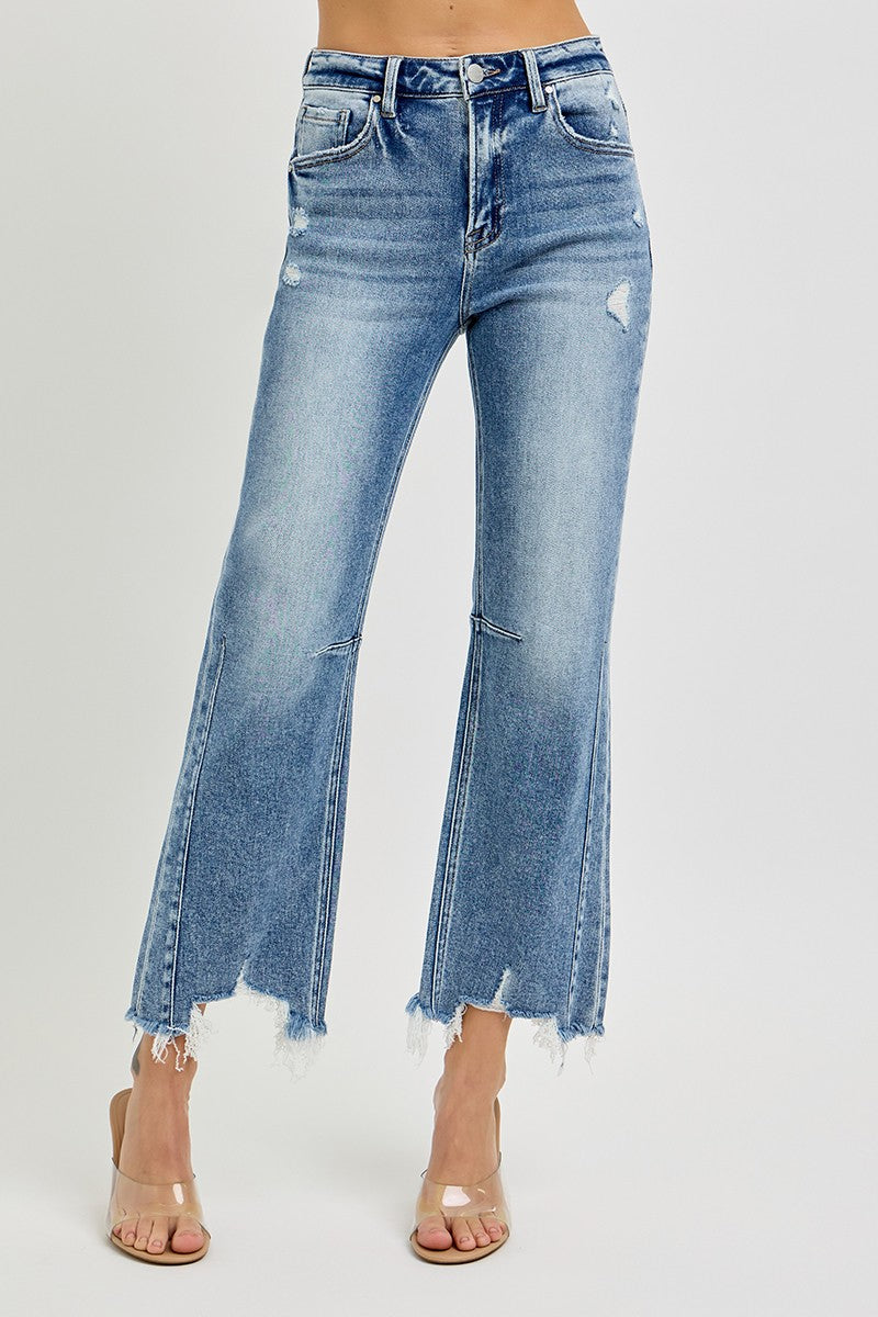 High Rise Cropped Straight Distressed Risen Jean