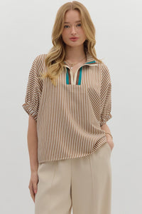 Caramel Striped Elastic Sleeve Top