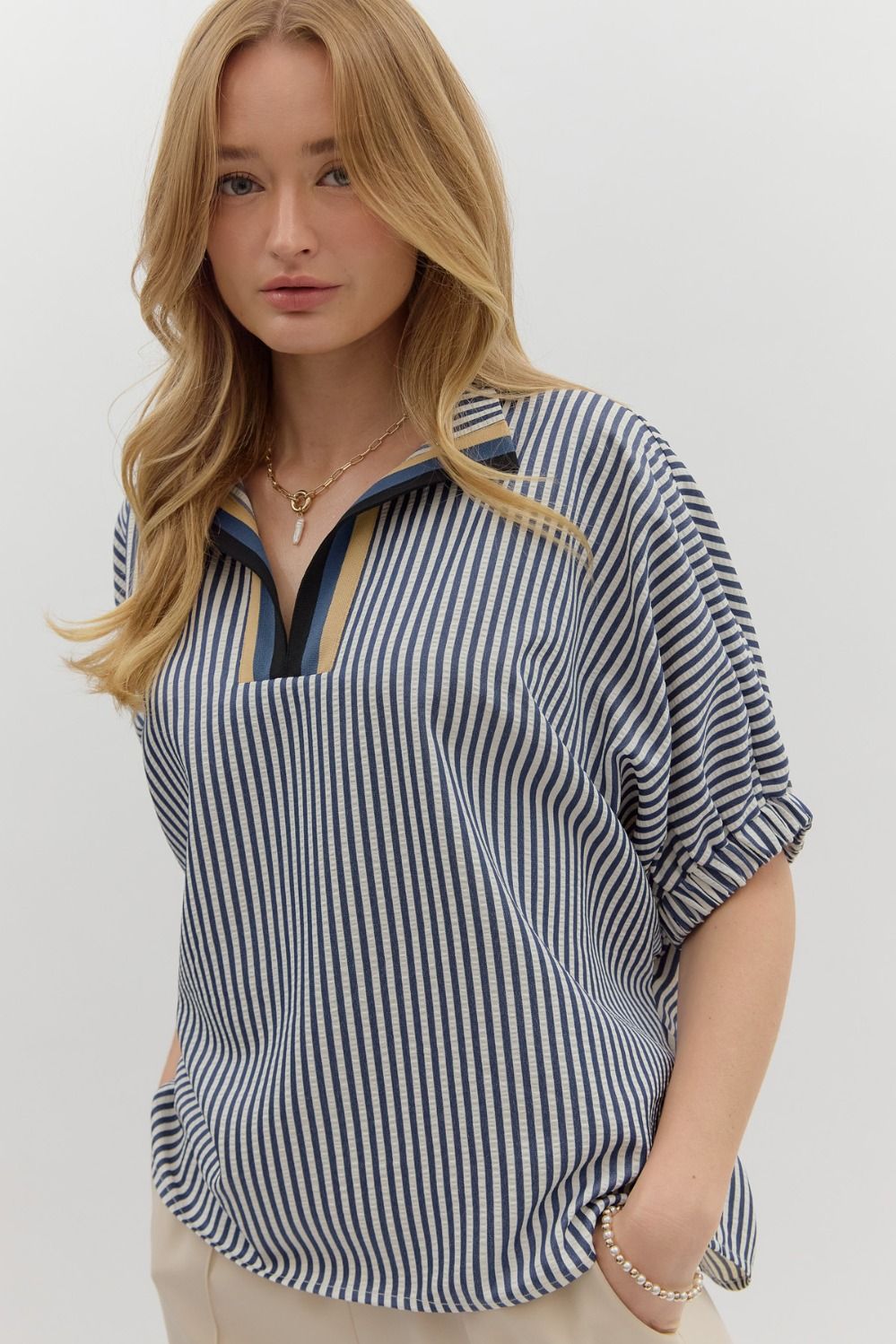 Navy Striped Contrasting Ribbon Top