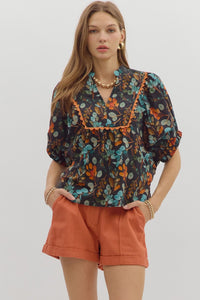 Black Botanical Print V-Neck Top