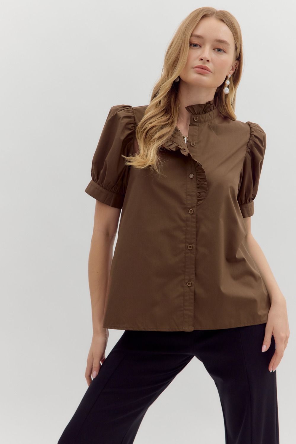 Brown Puff Sleeve Ruffle Collar Top