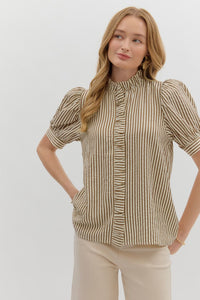 Brown Striped Puff Sleeve Top