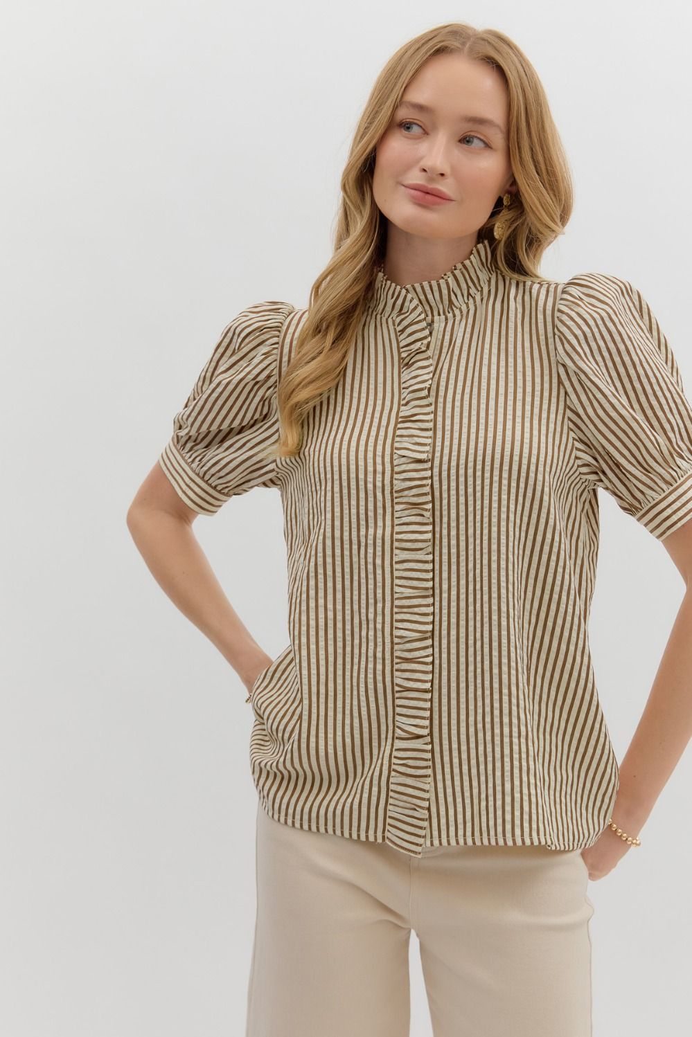Brown Striped Puff Sleeve Top
