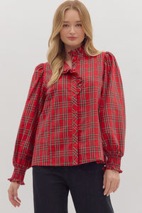 Red Plaid Long Sleeve Ruffle Top