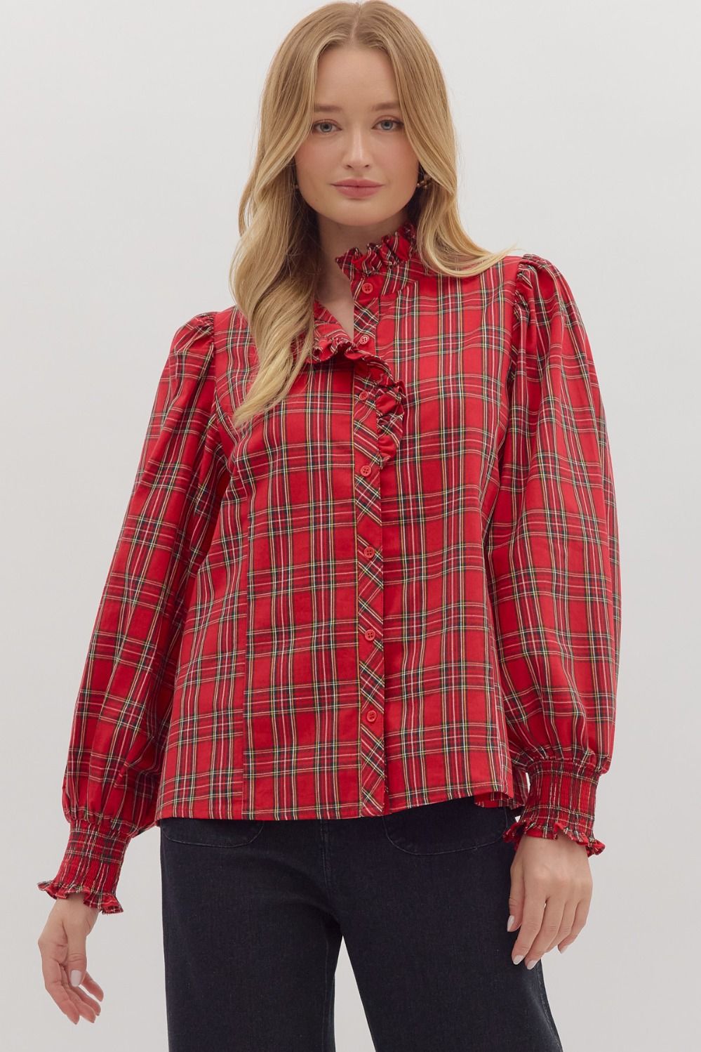 Red Plaid Long Sleeve Ruffle Top