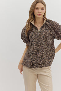 Leopard Puff Sleeve Half Zip Top
