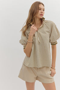 Olive Striped Puff Sleeve Half Zip Top
